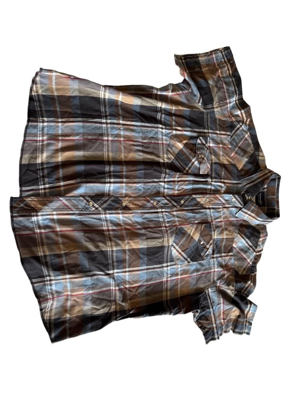 Wrangler Mens XXL Plaid Western Short Sleeve Button-Up Shirt Brown & Blue